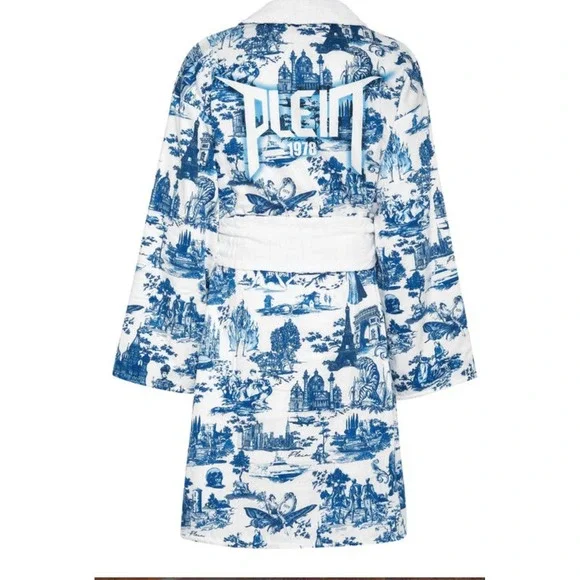 Couture Philipp Plein Bathrobe En Plein Air White Blue 100% Cotton Small Luxury - Picture 4 of 14